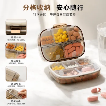 The ten-compartment medicine box is transparent with golden fasteners and comes with a white and green double lid, containing multi-colored tablets The ten-compartment medicine box is transparent with golden fasteners and comes with a white and green double lid, containing multi-colored tablets
